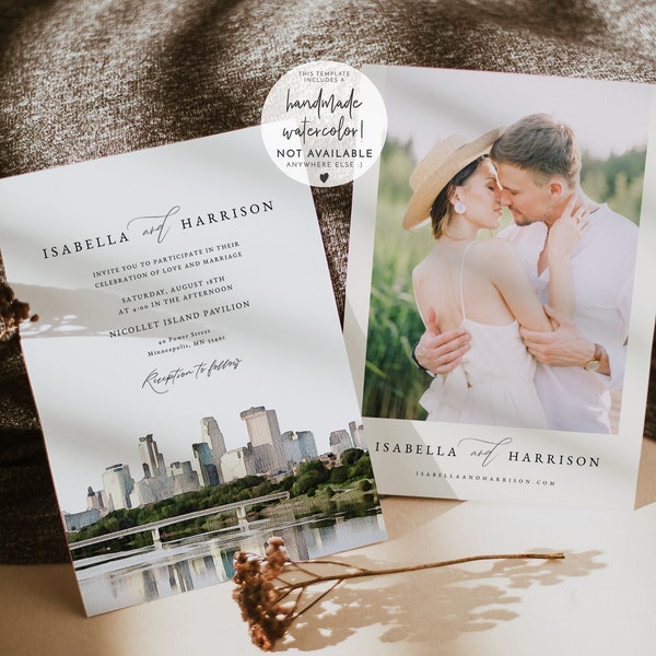 MINNEAPOLIS Wedding Invitation Template, Watercolor Minneapolis Skyline Destination Wedding Invite Printable, City Skyline Minnesota Instant