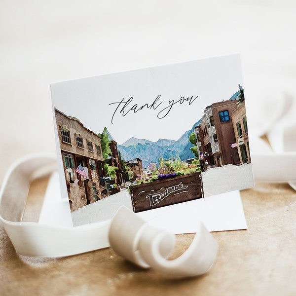 TELLURIDE COLORADO Thank You Card Template, Watercolor Mountain Thank You Card Printable, Destination Wedding Thank You Card