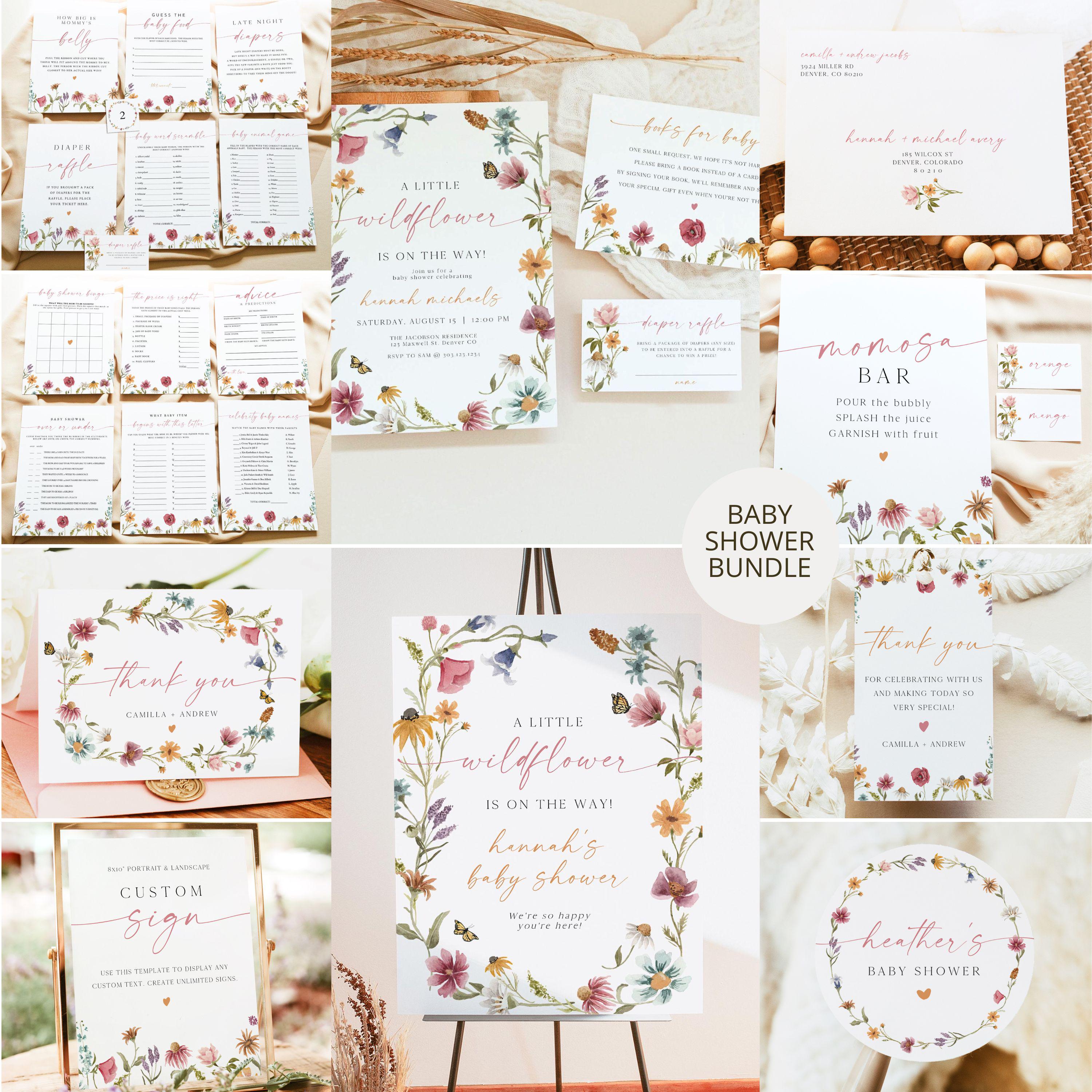 Wildflower Baby Shower Bundle, Wildflower Baby Shower Invitation Template, Floral Baby Shower Invite, Printable Baby Shower Digital CAMILLA