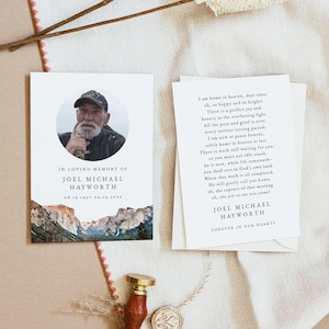 Modèle de carte de prière commémorative YOSEMITE, carte mémoire d'amour, cartes de messe catholique avec photo ronde, carte de célébration de la vie modifiable