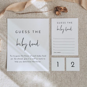 ADELLA minimalistische raad het babyvoedselspel, Boho babyshowerspellen afdrukbare, moderne Guess The Food-tagkaart en bord, babyshowerspellen