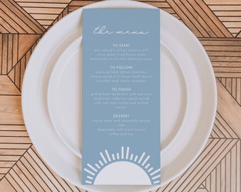 OCEANSIDE Light Blue Sun Ocean Themed Menu Card Printable Template Baby On Board Baby Shower Menu Surfs Up Long Menu Card