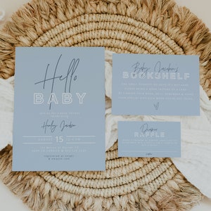 HENLEY Baby Shower Uitnodiging Sjabloon Suite Moderne Hallo Baby Uitnodiging Set Edgy Dusty Blue Boy Boeken Voor Babyluier Loterij Ticket Game