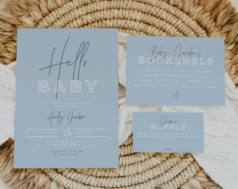 HENLEY Baby Shower Invitation Template Suite Modern Hello Baby Invite Set Edgy Dusty Blue Boy Books for Baby Diaper Raffle Ticket Game