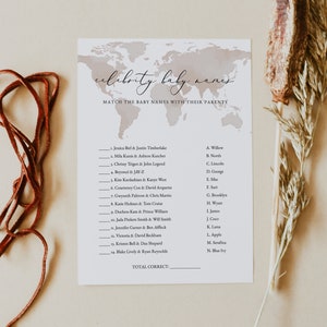 Celebrity babynamen babyshower spel, avontuur thema babyshower spel, aquarel wereldkaart reizen genderneutraal DIY afdrukbare CARMEN