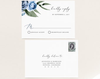 MILENA Dusty Blue Floral RSVP Card Template, Dusty Blue rsvp Card Template, Wedding RSVP Postcard, Slate Blue Printable Response Card
