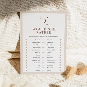 CELESTE Would She Rather Bridal Shower Game Template, Arched Bridal Shower Games, Bohemian Bridal Shower Game, Boho Moon and Star Terracotta