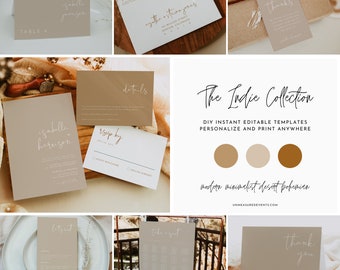 INDIE Boho Mega Wedding Bundle, Cream Wedding Invitation Template, Modern Minimalist Taupe Wedding Invitation Set, Printable Wedding