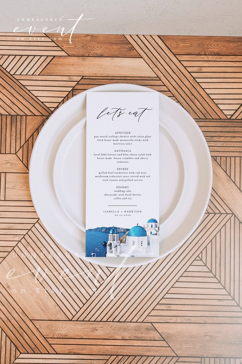 SANTORINI Wedding Menu Template Watercolor Santorini Skyline - Etsy
