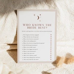 CELESTE Who Knows The Bride Best Bridal Shower Game Template, Arched Bridal Shower Games, Bohemian Bridal Shower, Boho Moon Star Terracotta