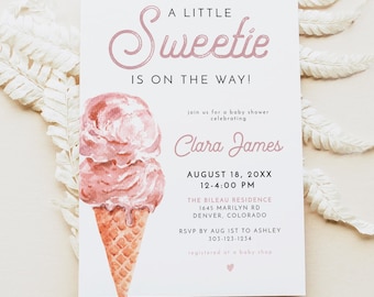 CLARA Ice Cream Baby Shower Invitation Template, A Little Sweetie Baby Shower, Blush Pink Ice Cream Baby Shower Invite, Sweets Baby Shower