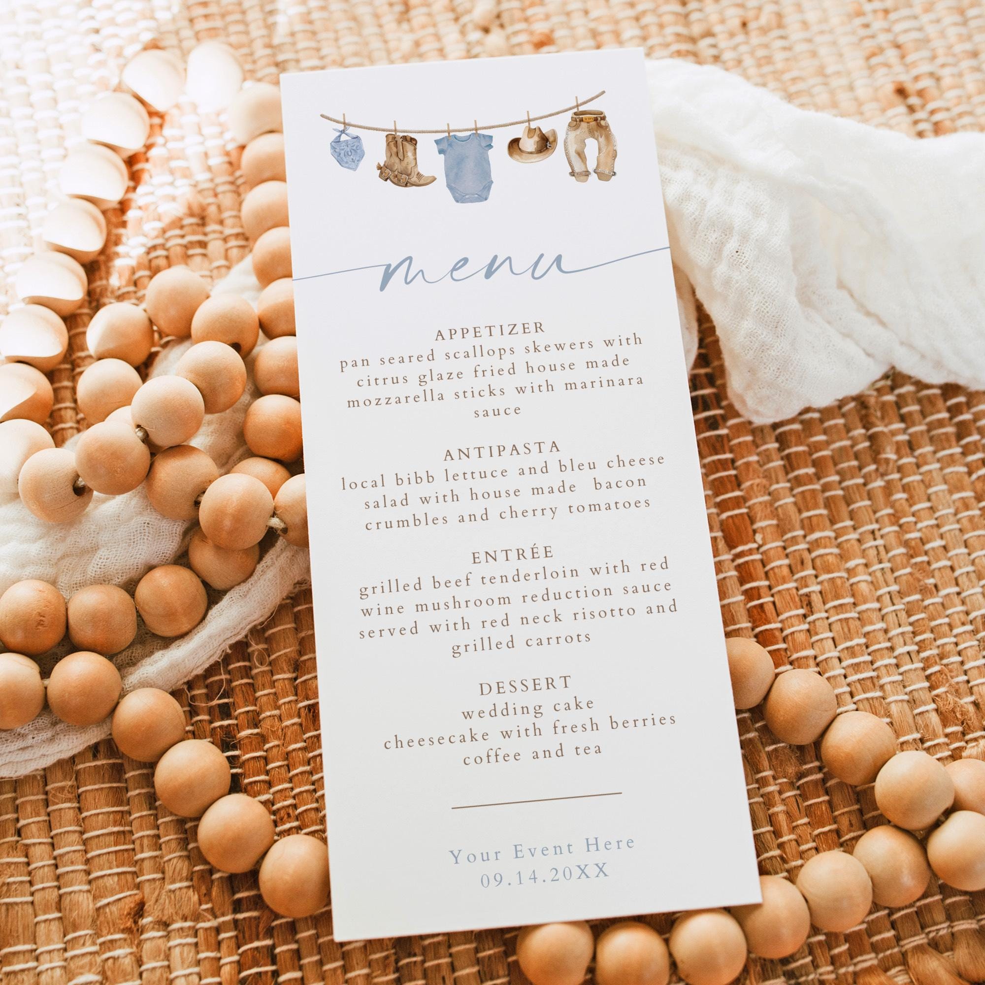 PRINTED + SHIPPED Little Cowboy Western Menu Cards, Clothes Line Menu ...