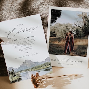 TETON NATIONAL PARK Elopement Einladungsvorlage, Aquarell Grand Teton Micro Hochzeitseinladung zum Ausdrucken, Nationalpark Berg Rustikales zum Selbermachen