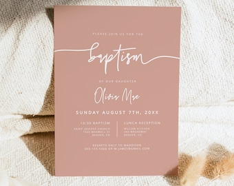 Modèle d'Invitation de baptême MARLO Boho Blush fille baptême, invitation imprimable moderne minimaliste Dusty Rose baptême Evite