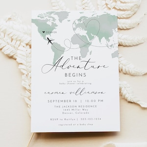 Modèle d'invitation de baby shower CARMEN aventure, baby shower de l'aventure commence, carte verte invitation baby shower, baby shower neutre modifiable