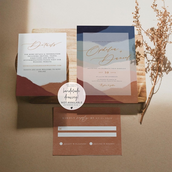 Terracotta Wedding Invite Set, Southwestern Wedding Invitation, Bohemian Wedding Invitation Suite, Fall Desert Boho Stucco Earthy - OPHELIA
