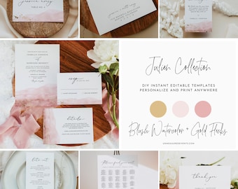 JULIEN Wedding Bundle, Blush Wedding Invitation Template, Dusty Pink Wedding Invitation, Pink Watercolor Wedding Invitation Printable DIY