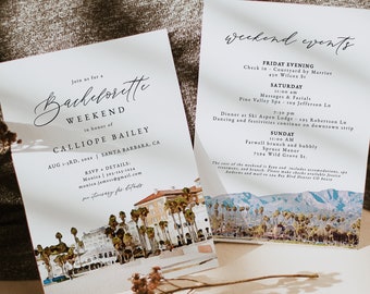 SANTA BARBARA Bachelorette Invitation Template, Watercolor Santa Barbara Coastline Destination Bach Invite, California Coast Evite Itinerary