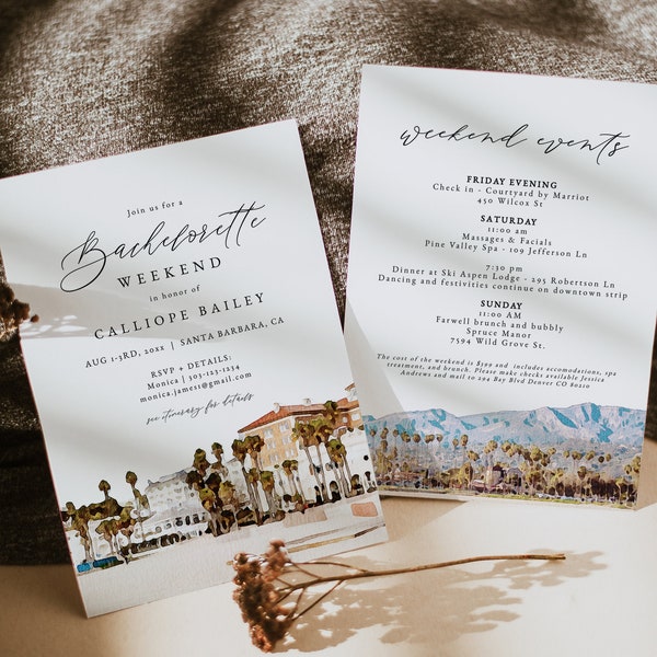 SANTA BARBARA Bachelorette Invitation Template, Watercolor Santa Barbara Coastline Destination Bach Invite, California Coast Evite Itinerary