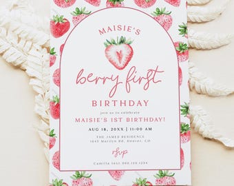 MAISIE Berry First Birthday Invitation Template, Strawberry Birthday Invitation, First Birthday Invitation, Girl Birthday Evite Digital