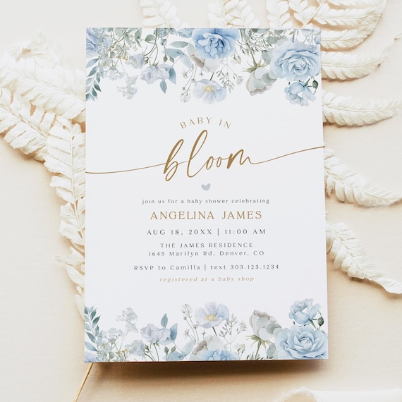 PRINTED + SHIPPED Baby in Bloom Invitation, Blue Watercolor Floral Baby Shower Invitation, Spring Baby Shower Invite FLEUR