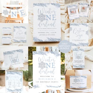RORY Blue Winter Onderland Birthday Bundle, Snowflake Birthday Invitation Bundle, Christmas First Birthday Party Kit, 1st Birthday Set Boy