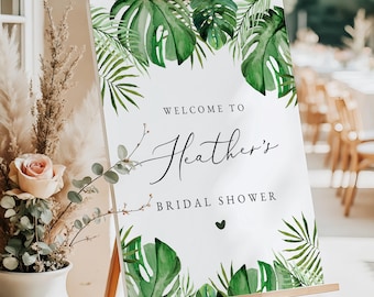 PRINTED + SHIPPED Tropical Destination Bridal Shower Welcome Sign, Green Palm Bridal Shower Sign, Beach Bridal Shower Welcome Poster CORA
