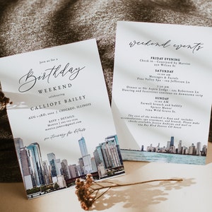 CHICAGO Birthday Party Invitation and Itinerary Template, Watercolor Chicago Birthday Weekend Invite, Chicago Birthday Skyline Destination