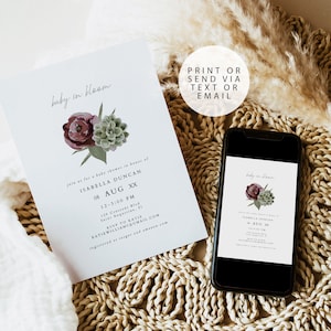 AVA Succulent Baby Shower Invitation Template, Bohemian Baby Shower Invite, Baby In Bloom Baby Shower Invitation, Desert Cactus Baby Shower