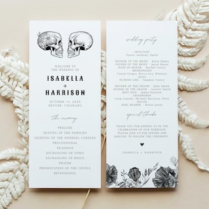 May include: A wedding program with a skull design. The program includes the names Isabella and Harrison, the wedding date, and the ceremony details. The right side lists the wedding party and special thanks.