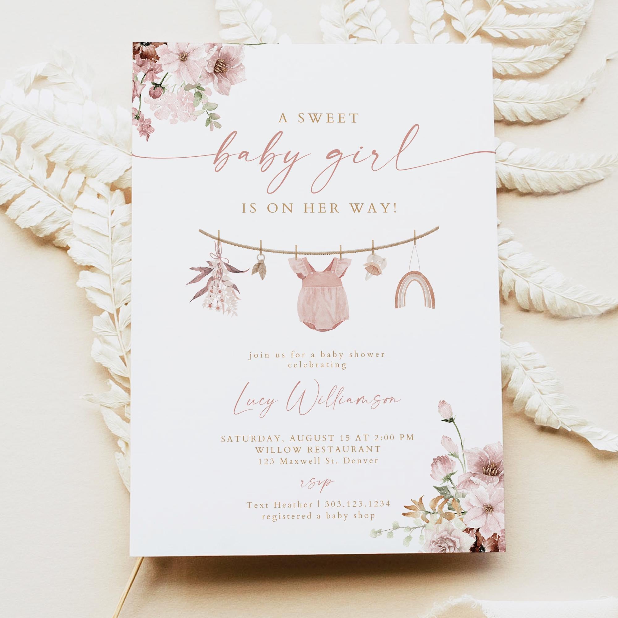 LUCY Boho Girl Clothesline Baby Shower Invitation, Sweet Baby Girl Invitation Template, Girl Baby Shower Invite, Editable Baby Shower Floral