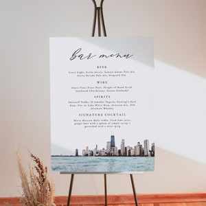 Modello di cartello per menu del bar per matrimoni con skyline di CHICAGO, poster stampabile per menu delle bevande, cartello per bar dell'Illinois, cartello per bevande esclusivo, cartello per menu delle bevande fai da te
