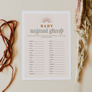 Baby Animal Baby Shower Game, Retro Baby Shower Games, 70's Themed Baby Shower Games Instant Download Sunburst Editable Color DIY Boy TRIXIE