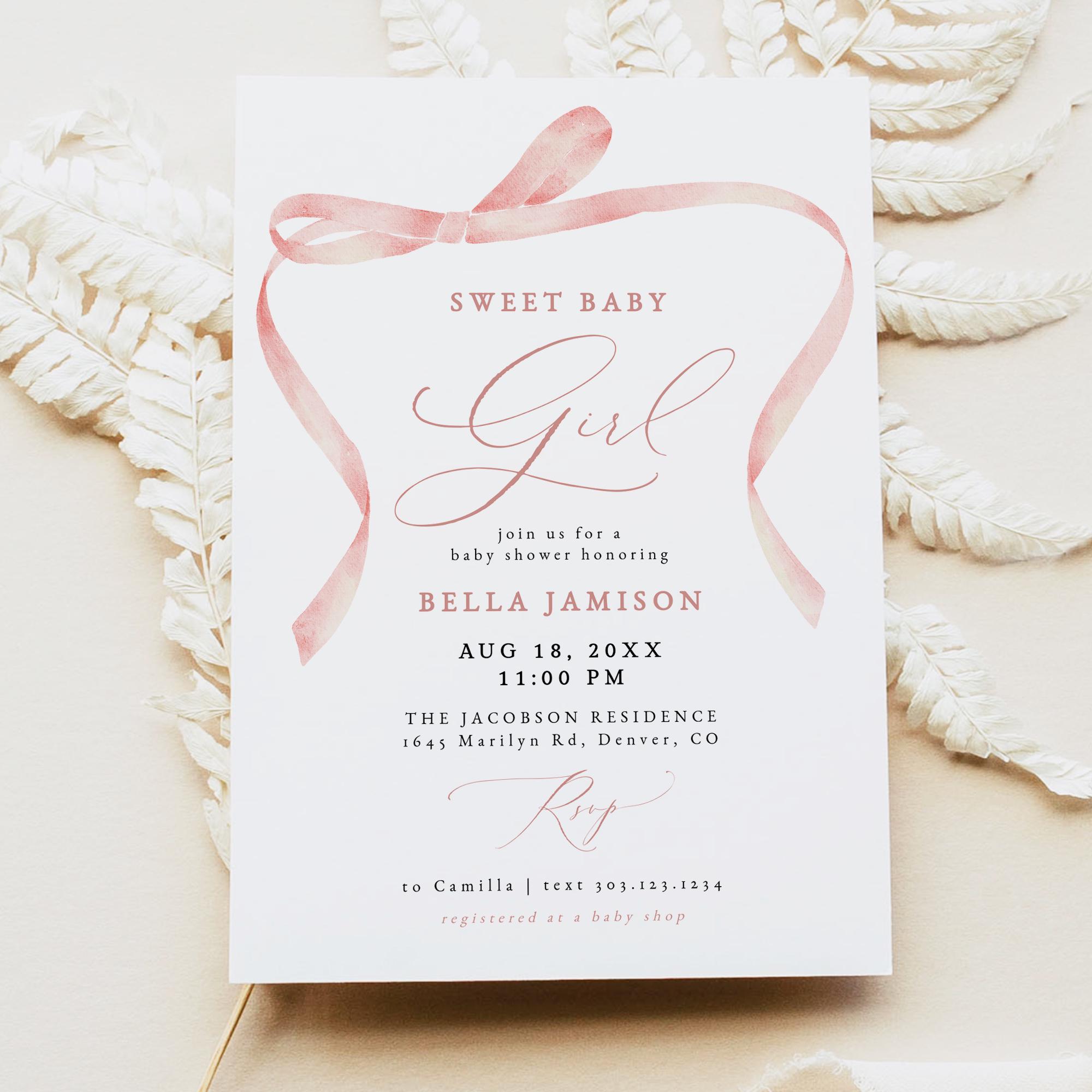 BELLA Pink Bow Baby Shower Invitation Template, Girl Baby Shower Invite ...