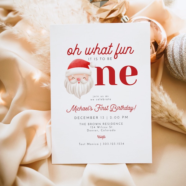 KRIS Santa First Birthday Invitation Template, What Fun It Is To Be One Invite Printable, Christmas Birthday Party Evite, Holiday Birthday