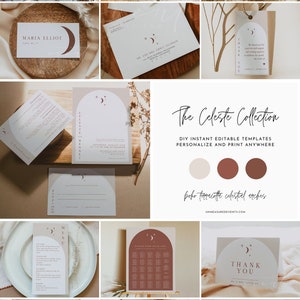 May include: A collection of printable wedding templates featuring a boho terracotta celestial arch design. The templates include a save the date, invitation, RSVP card, seating chart, menu, ceremony program, and thank you card. The templates are customizable and can be printed at home.