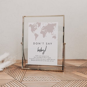 Modelo de placa QUINN Don't Say Baby, jogo Don't Say Baby para impressão, jogo de chá de bebê de aventura, mapa-múndi de chá de bebê com tema de viagem Blush DIY