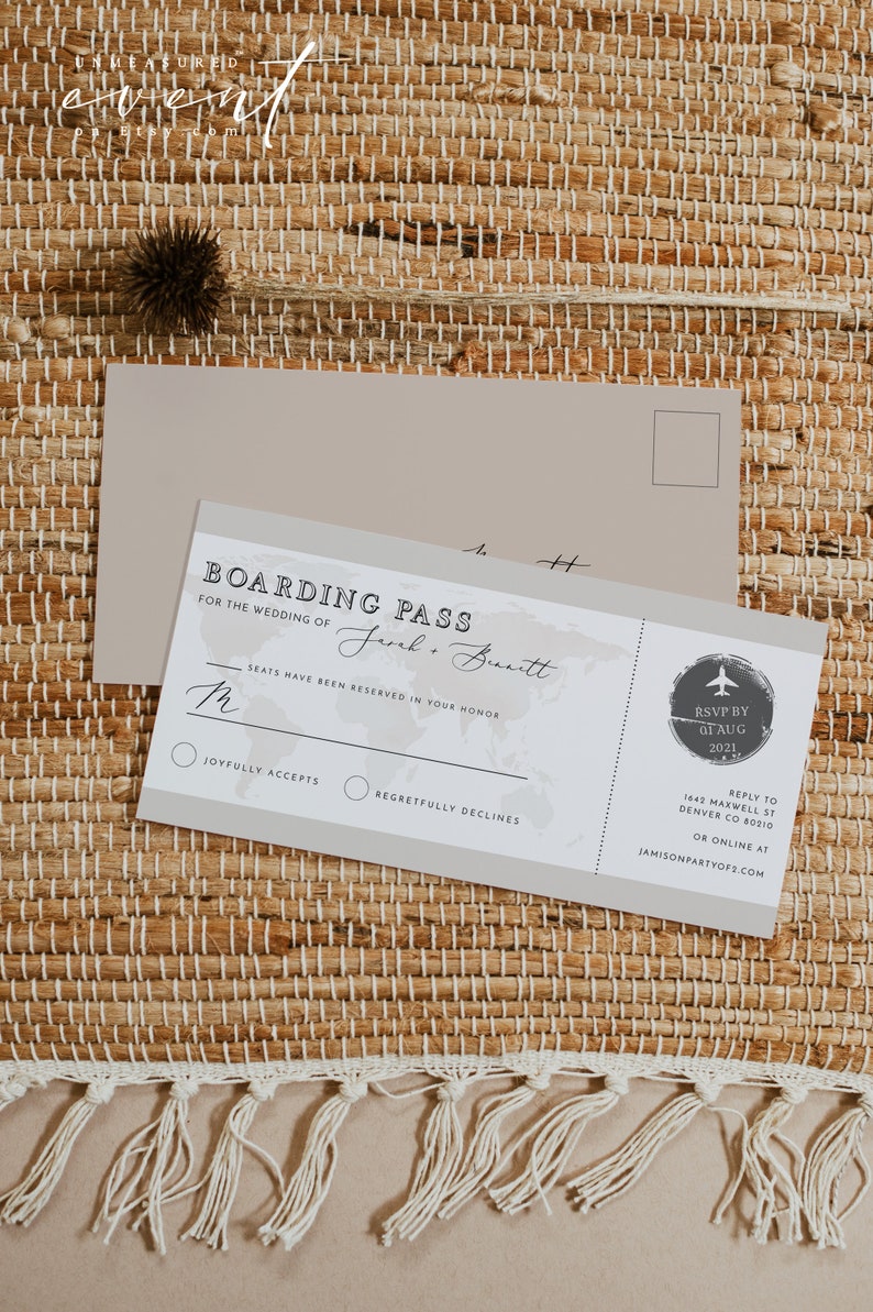 Passport Wedding Invitation Template Suite, Travel Themed Wedding Invitation Instant Download, Adventure Abroad Boarding Pass Earthy CARMEN image 4