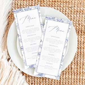 Modelo de cartão de menu AURELIA, menu de chá de panela Something Blue para impressão, menu de jantar floral Chinoiserie, floral vintage, menus Dusty Blue