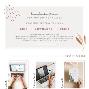 May include: A graphic design template for stationery, showing a laptop screen with a cactus-themed save the date card. The text on the screen reads "Save the Date". The graphic also shows a person's hands typing on the laptop keyboard and a phone displaying the same card. The text on the graphic reads "Headache-free Stationery Templates. Changing the way you DIY. Edit, Download, Print. Our templates are crazy easy to edit. Nope, you do not have to be tech savvy to create your dream stationery. Select from our collection of designer fonts, change up your colors, and add special images or graphics for a one of a kind piece. How it works: 1. Edit, 2. Download, 3. Print. Double-click to edit text. PNG, PDF, or JPEG. Home or professional printing. See description for printing details."