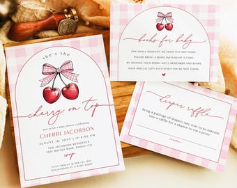 Kirsche Babypartyeinladung Vorlage, Sie ist die Kirsche auf der Oberseite Babyparty einladen, kokette Schleife Kirsche Baby einladen, Babyparty-Set CHERRI
