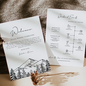 Modelo de carta de boas-vindas e itinerário para casamento na montanha ANTORA, cartão de boas-vindas Winter Pine, cronograma de casamento com esboço na montanha, editável instantaneamente
