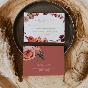 Modello di biglietto RSVP autunnale LYRA, biglietto RSVP stampabile, biglietto RSVP boho, cartolina RSVP boho, biglietto RSVP floreale bordeaux, biglietto RSVP autunnale fai da te