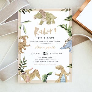 SPIKE Dinosaur Baby Shower Invitation Template, T-Rex Baby Shower Invitation Printable, Neutral Watercolor Dinosaur Jungle Themed Boy DIY