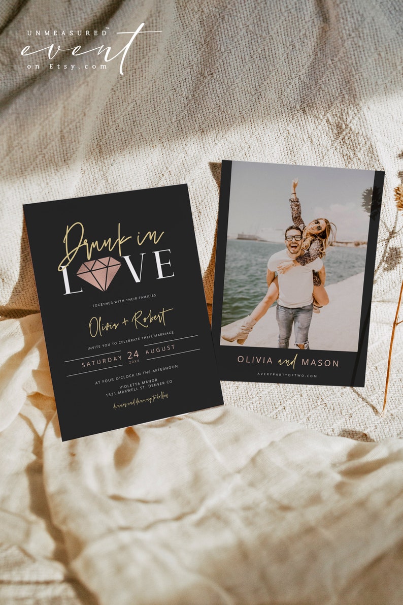 KIRA Drunk in Love Wedding Invitation Black Wedding Invitation Template Photo Wedding Invitation Vegas Wedding Invite Instant