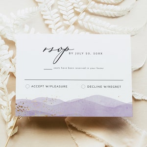 Modelo de cartão RSVP com código QR EVERLY, cartão RSVP para impressão, cartão de resposta de casamento em aquarela roxa, cartão de inserção de RSVP simples em site de casamento