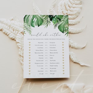 Would She Rather Bridal Shower Game, Tropical Bridal Shower Games, Printable Bridal Shower Games, Palm Leaf Luau Island Beach Themed CORA