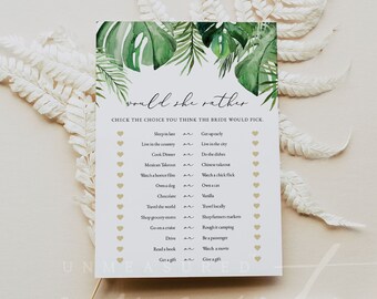 Would She Rather Bridal Shower Game, Tropical Bridal Shower Games, Printable Bridal Shower Games, Palm Leaf Luau Island Beach Themed CORA