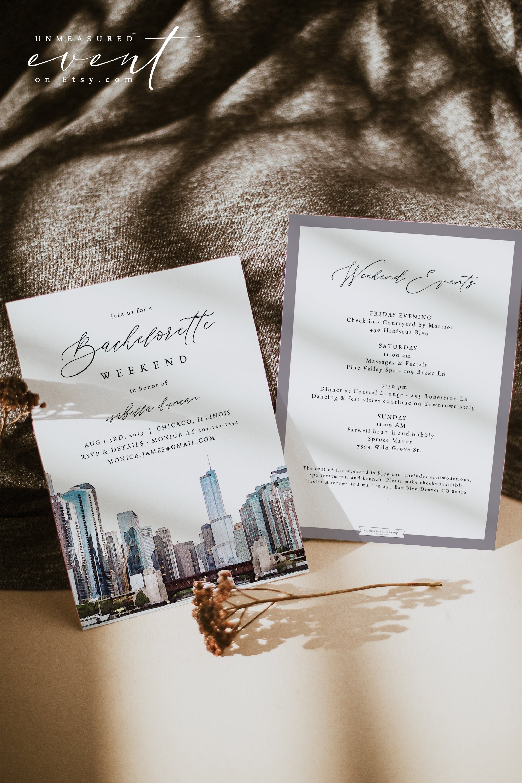CHICAGO Bachelorette Invitation and Itinerary Template, Watercolor Chicago Bachelorette Weekend Invite, Chicago Bachelorette Party