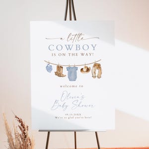 Cowboy Baby Shower Willkommensschild Vorlage, Ein kleiner Cowboy ist auf dem Weg Willkommensschild, Rodeo Baby Shower Willkommen für Baby Jungen Blau CLINT